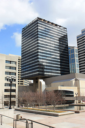 The James K. Polk State Office Building was completed in 1981. Each floor of the 24-story building hangs from a central steel core. Image courtesy of Wikimedia Commons.