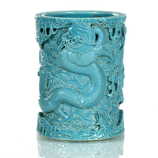 Chinese carved porcelain, turquoise glazed, brush pot by Wang Bingrong, Jingdezhen Kilns, 1820-1870. Gray’s Auctioneers and Appraisers.