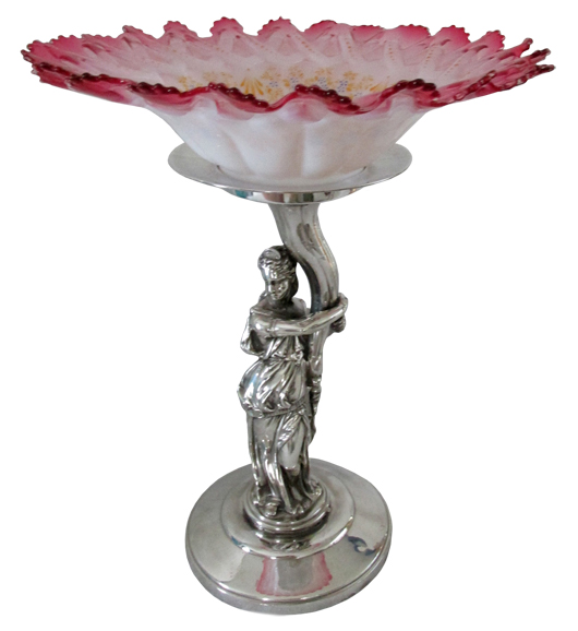 Art-glass bowl with ruffled cranberry glass edge, on silver-plated figural stand. Estate of Carolyn McCarter and the late Roy McCarter. John W. Coker image