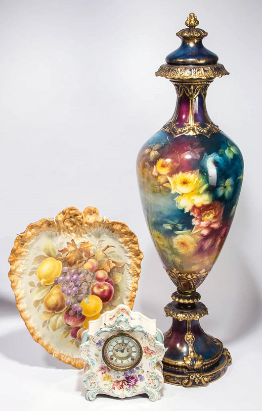 Royal Bonn monumental pedestal vase, painted with irises, from a family collection acquired in the 1920s and 1930s. Jeffrey S. Evans & Associates image.