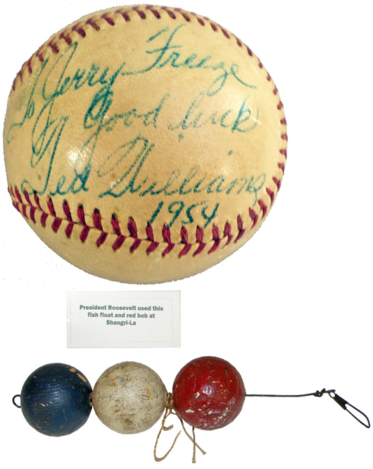 Baseball autographed by Ted Williams in 1954, est. $100-$200; and a fishing bobber owned and used at Shangri-La (later Camp David) by President Franklin D. Roosevelt, est. $300-$500. Mosby & Co. image