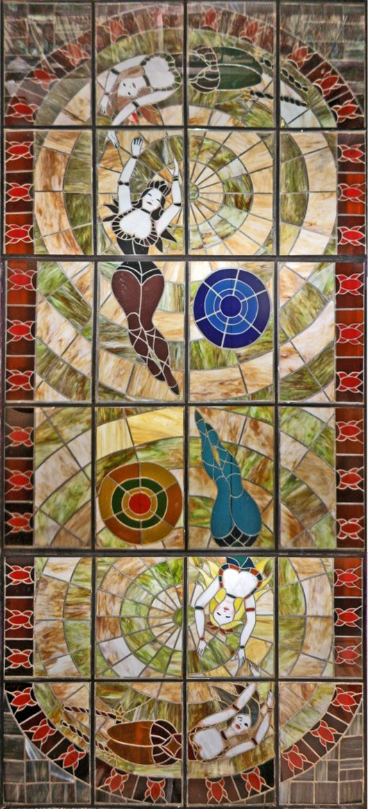 Large, custom-made, 24-section stained-glass ceiling depicting female acrobats, est. 1,000-$1,500. Mosby & Co. image