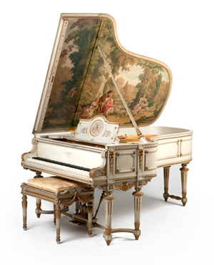 As much a work of art as a functioning instrument, this Louis XVI-style Steinway Model B piano, serial number 99,999, was painted with a ‘fete galante’ by Arthur Thomas in 1907. Estimated at $30,000–40,000, it sold for $39,975. John Moran Auctioneers image.