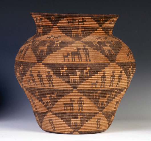 Native American Apache olla showing figures and horses. Price realized: $13,800. Cottone Auctions image.