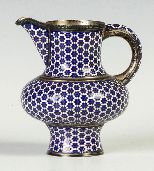 This fine Russian enameled silver pitcher went for $37,000. Cottone Auctions image.