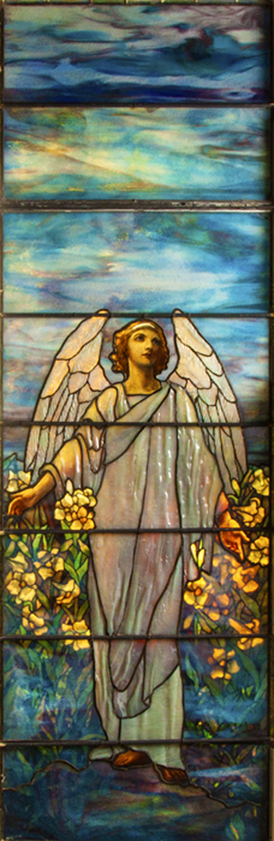 The top lot of the auction, selling at $71,300, was this stunning Tiffany Studios memorial window titled ‘Angel of Resurrection.’ Cottone Auctions image.