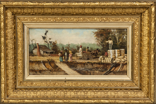 Figural rendering of a landing on the Mississippi River by William Aiken Walker (American, 1838-1921), titled ‘Waiting for a Boat.’ Price realized: 46,000. Cottone Auctions image.