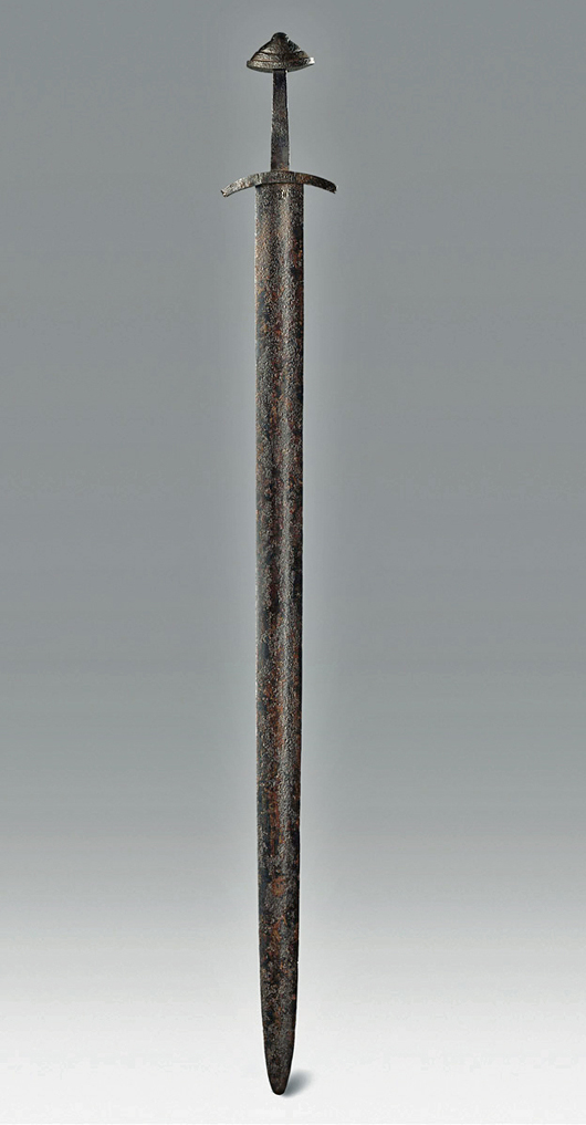 Published, intact Viking iron sword, Type L, circa 10th century AD.  Est. $20,000-$30,000. Artemis Gallery image