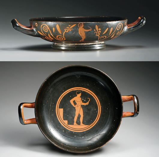 Greek Attic red-figure kylix, athletes, ex-Charles Ede, Athens, circa 430-420 BC. Est. $15,000-$20,000. Artemis Gallery image