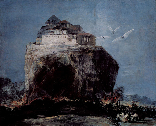 'City on a Rock,' long attributed to Goya (Spanish, 1746-1828) is now thought to have been painted by the 19th century forger Eugenic Lucas. Elements of the painting appear to have been copied from autographed works by Goya. Image courtesy of Wikimedia Commons.