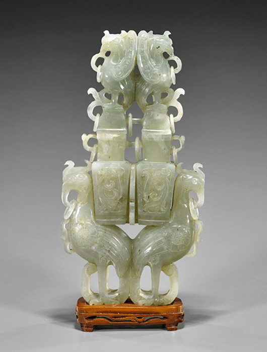 Chinese carved bowenite double covered urn, 10 inches high. I.M. Chait Gallery / Auctioneers image.