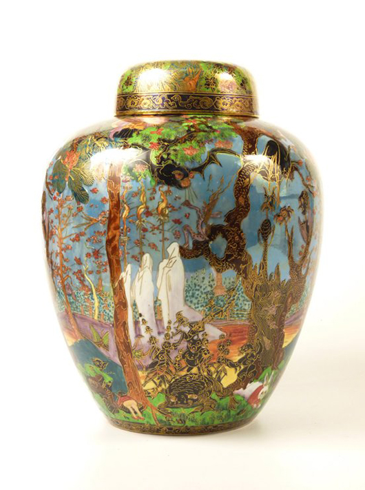 Wedgwood Fairyland Lustre 'Ghostly Wood' Malfrey vase and cover, designed by Daisy Makeig-Jones (1881-1945). Image courtesy of LiveAuctioneers.com archive and Sworders Fine Art Auctioneers.