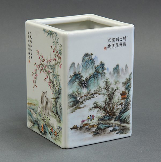 Chinese enameled porcelain brush pot, Republic period, 6.5 inches high, its base having a red Hongxian mark. Price realized: $36,600 from an Internet bidder utilizing LiveAuctioneers. Clars Auction Gallery image. 