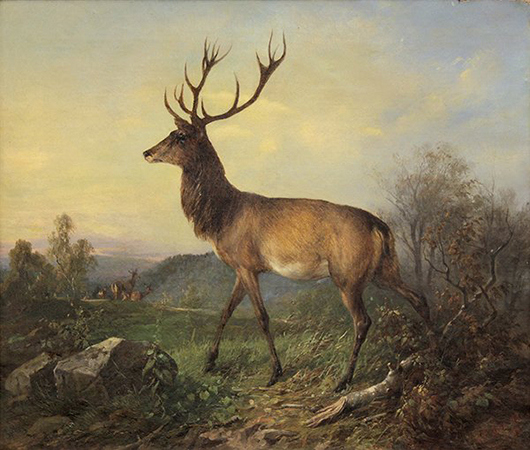 ‘Portrait of a Stag’ by Arthur Fitzwilliam Tait (American, 1819-1905) sold to an Internet bidder through LiveAuctioneers for $39,650. Clars Auction Gallery image.