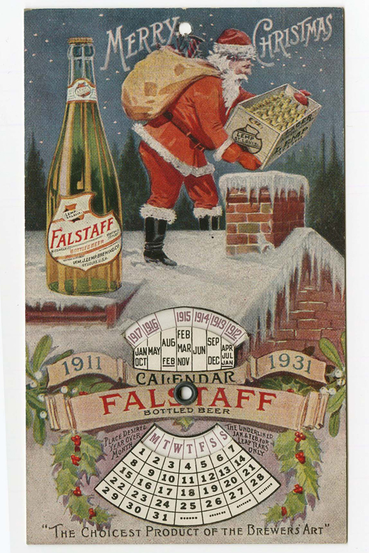 William J. Lemp Falstaff Beer mechanical Santa postcard with rotating calendar, 1931, est. $400-$500. Morphy Auctions image