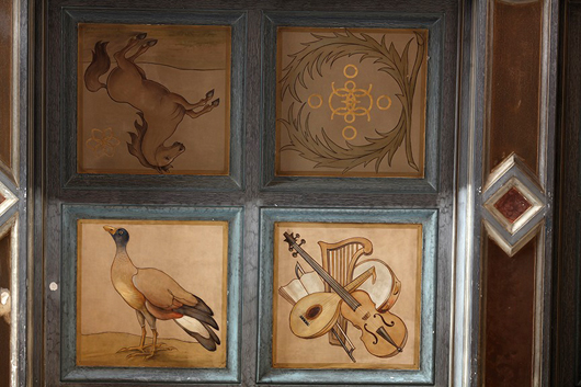 Vibrant details are now visible in the paintings forming four of the ceiling’s 100 square coffers. 'As you clean these, the details come out. The animals actually have shadows, and you see touches of blue and orange in the duck,' noted Andrea Chevalier, senior painting conservator with the Intermuseum Conservation Association. Image courtesy of the Allen Memorial Art Museum.