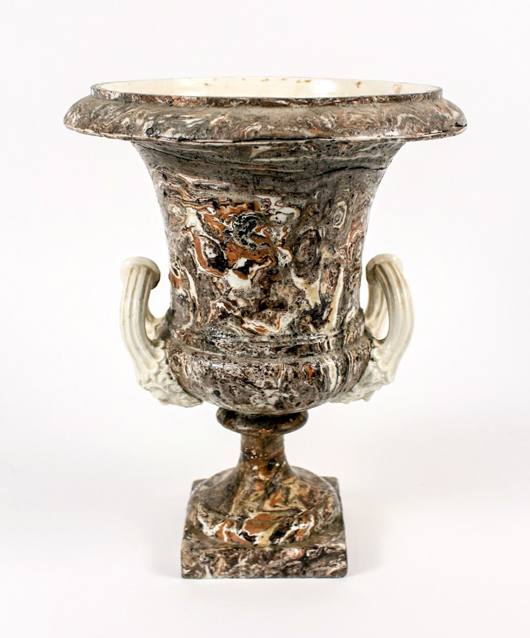 Unmarked late 19th/early 20th century English Neo-classical style agateware urn with faux brown marble glazed exterior, 15 1/2 inches tall. Price realized: $1,750). Ahlers & Ogletree image