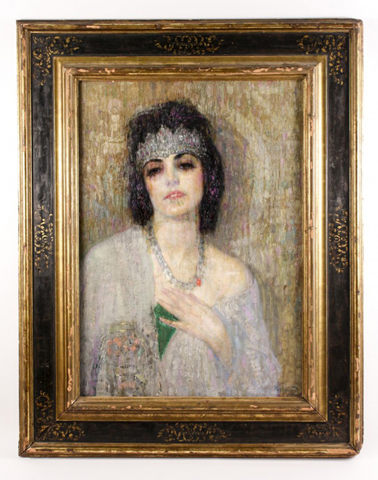 The top lot of the auction was this original oil on board painting by Armenian-American artist Hovsep Pushman (1877-1966), titled ‘Sacred Lotus of the Nile.’ Price realized: $50,000. Ahlers & Ogletree image