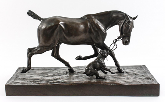 Patinated bronze sculpture in the style of Paul Edouard Delabrierre (French, 1829-1912), titled ‘Horse With Dog Pulling on Reins,’ 9 1/4 inches tall. Price realized: $3,000. Ahlers & Ogletree image