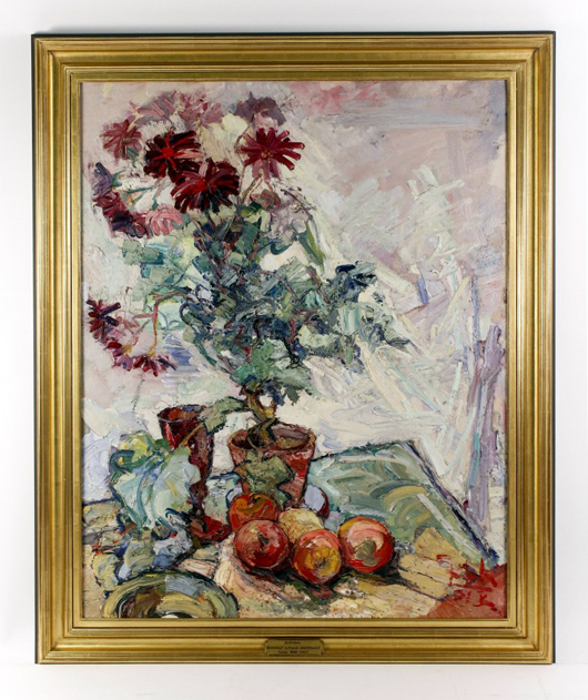 Large oil on canvas rendering by Reinhold Krassnigg (Austrian, 1898-1947), titled ‘Stilleben’ (Still Life), 39 1/2 inches by 31 1/2 inches minus the frame. Price realized: $4,000. Ahlers & Ogletree image