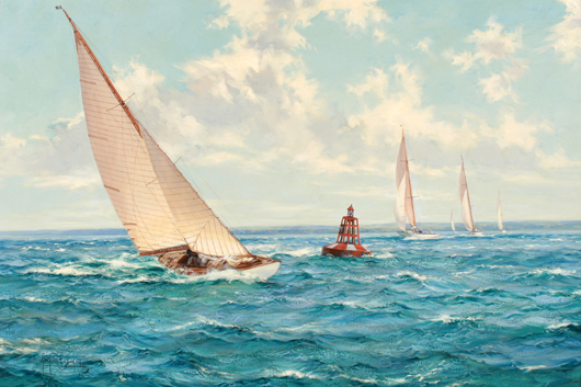 Montague Dawson (British, 1890-1973), 'Summer Skies: Six Metres Rounding the East Lepe Buoy in the Solent,' oil on canvas. Stefek's image