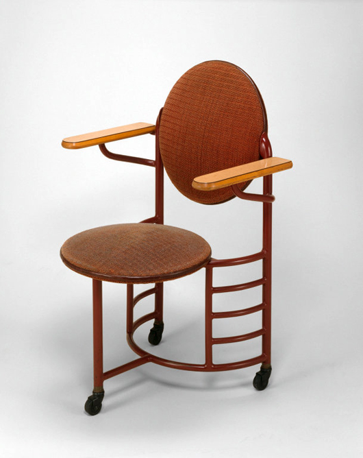 Frank Lloyd Wright-designed chair for the Johnson Wax Headquarters, manufactured by Steelcase Inc. Image courtesy of the Art Institute of Chicago. Copyright 2014 Frank Lloyd Wright Foundation / Artists Rights Society (ARS), New York. It is believed that the use of this low-resolution images qualifies as fair use under United States copyright law.