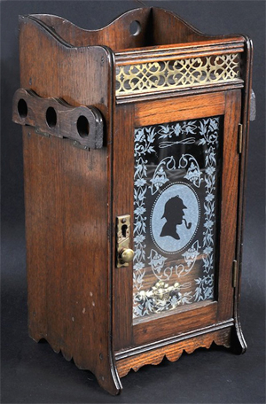 American Tobacco Co. 'Sherlock Holmes' oak tobacco cabinet, circa 1936, 12 inches high. Image courtesy of LiveAuctioneers.com archive and John Nicholson Fine Art Auctioneer and Valuer.