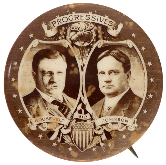 1912 Theodore Roosevelt & Hiram Johnson real-photo jugate button, sepia, 1.25 inches dia., ex Don and Mildred Wright collection, est. $2,000-$5,000. Hake’s image