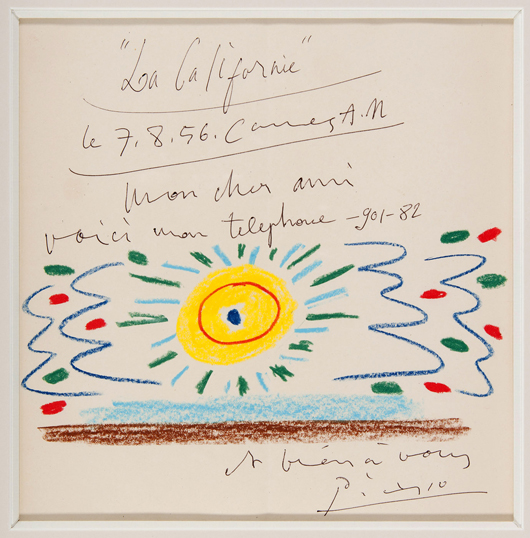 Pablo Picasso (Spanish, 1881-1973), ‘Soleil de Mediterranee,’ original wax pastel artwork, 23 x 24in framed, 8 x 8¼in matted, provenance from the artist’s daughter, Maya Widmaier-Picasso, est. $35,000-$50,000. Hake’s image