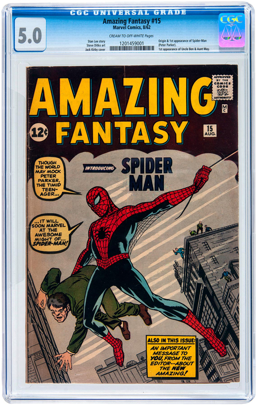 ‘Amazing Fantasy’ #15, Marvel Comics, featuring the debut appearance of The Amazing Spider-Man, August 1962, CGC graded 5.0 VG/Fine, est. $10,000-$20,000. Hake’s image