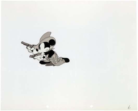 Mickey Mouse ‘Two-Gun Mickey’ (1934) original black & white nitrate production cel, est. $5,000-$10,000. Hake’s image
