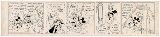 Original March 9, 1934 daily comic strip art for ‘Mickey Mouse – The Captive Castaways,’ by Floyd Gottfredson, est. $5,000-$10,000. Hake’s image
