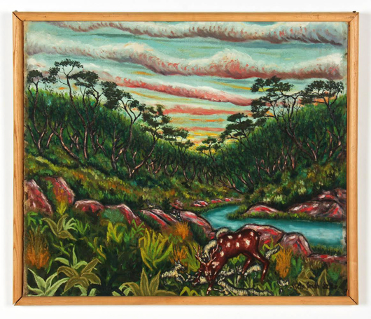 Victor Joseph Gatto (American, 1893-1965), 'Landscape with Wildlife,' oil painting on canvas, 24 in. x 28 1/2 in., 61 x 72 cm (stretcher). Estimate: $3,000-$4,000. Material Culture image