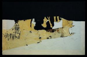 Alberto Burri, Bianco Nero, 1952, olio, stoffa e corda su tela, cm 50x80, stima €1.000.000-1.500.000. Courtesy Pandolfini