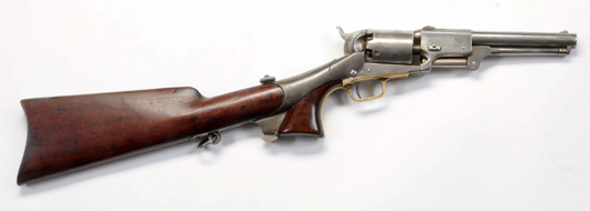 Colt 3rd Model Dragoon .44 caliber revolver and shoulder stock, manufactured in 1858, est. $7,000-$9,000. Morphy Auctions image