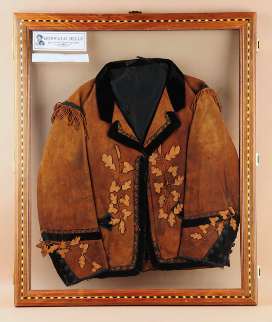 Buffalo Bill's personal show jacket, worn by the Western showman during a visit to Cornwall, England; presented in inlaid case measuring 36 x 30in, est. $15,000-$20,000. Morphy Auctions image