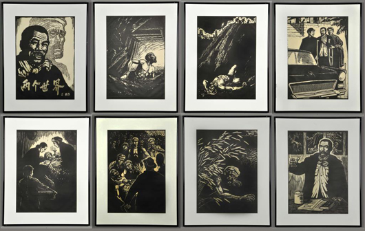 Zheng Wei monochrome woodblock prints. Midwest Auction Galleries image