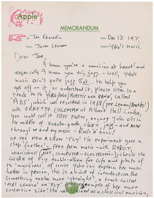 John Lennon letter in support of Yoko Ono's music, handwritten to New York broadcast legend Joe Franklin, auctioned for $28,171 on Oct. 23, 2014. Image courtesy of RR Auction
