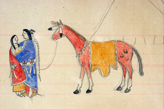Native American, ‘Wedding Ceremony Ledger Drawing,’ c. early 1900s. Watercolor and graphite on ledger paper. Image is 12in. wide x 7 1/2in. high. Est. $2,000-3000. Slotin Auction image.