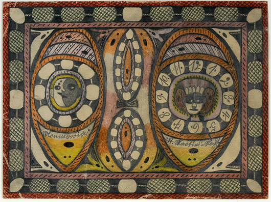 Adolf Wolfli, ‘Monmooria, Indien: Und, Martin=Nacht, imgrossen, ost=meer.’ 1919. Colored pencil on paper, 20in. x 16in. Est. $15,000-20,000. Slotin Auction image.   