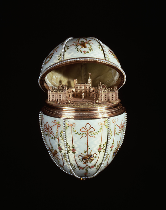 House of Fabergé. Gatchina Palace Egg  (1901)  gold, en plein enamel, silver-gilt, portrait diamonds, rock crystal and seed pearls. Acquired by Henry Walters, 1930. (44.500) Image courtesy of the Walters Art Museum