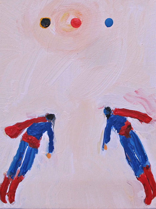 Katherine Bradford, 'Dueling Supermen,' acrylic on canvas, 12 x 9 in, est. $1,900. Image courtesy Paddle 8 / Mercy For Animals