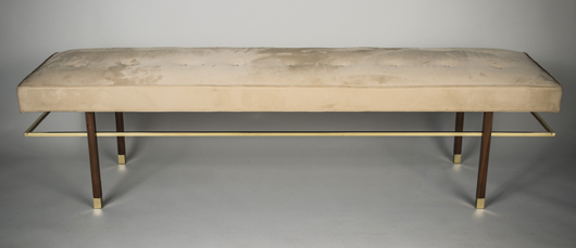 Harvey Probber upholstered bench on square legs joined by a box stretcher. Price realized: $2,880. Capo Auction image
