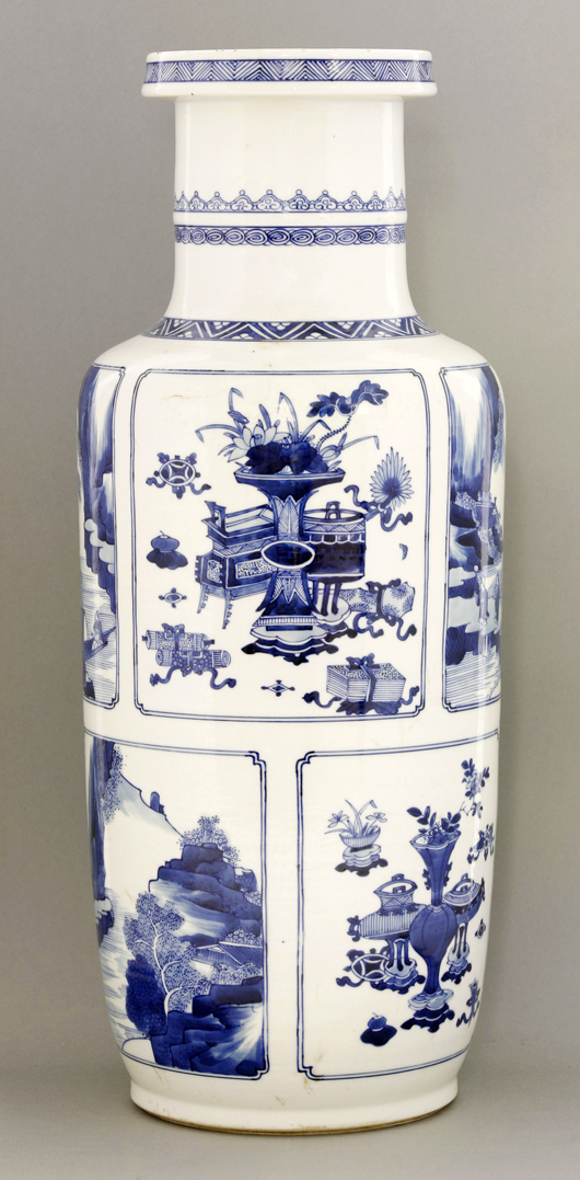 Blue and white rouleau vase, Kangxi, c.1690, 48.7cm. Estimate: £8,000-£12,000. Sworders image