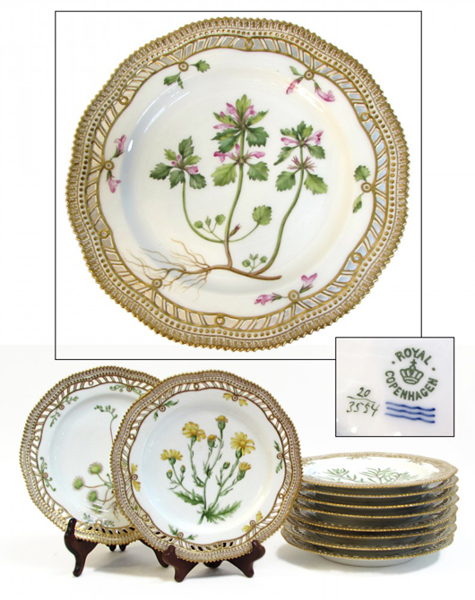 Set of 10 Royal Copenhagen Flora Danica reticulated plates, each 8 3/4 inches in diameter. Price realized: $6,600. Gordon S. Converse & Co. image