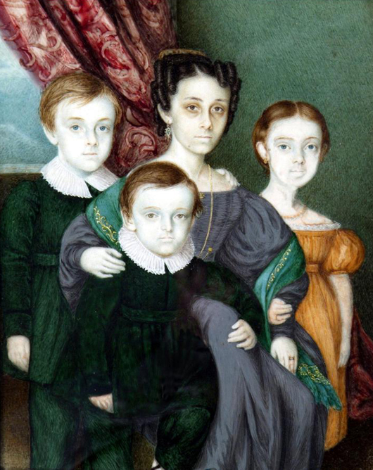 ‘Names attract higher prices. This 19th century Continental School miniature portrait is of Anna Clifton (nee De Veignon), with her children, Frances, William and George. It sold for £560. Photo The Canterbury Auction Galleries
