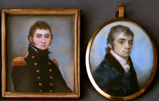 Left: An early 19th century English School shoulder-length portrait of a young man in naval uniform. It sold for £320, while the one on the right had a double-sided frame, the reverse containing plaited hair and the initial ‘R.’ It sold for £420. Photo The Canterbury Auction Galleries