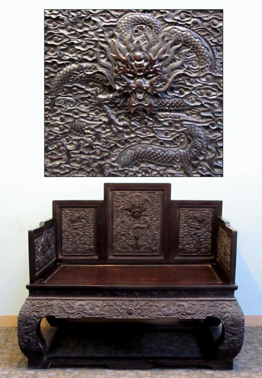 Qing-era zitan throne chair featuring outstanding carved panels showing 19 five-clawed Ming dragons. Price realized: $30,000. Gordon S. Converse & Co. image