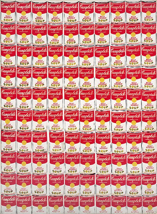 Andy Warhol (1928 - 1987) '100 Cans,' 1962. Casein, spray paint, and pencil on cotton, 74 in. × 54 1/2 in. × 2 3/4 in. (188 × 138.4 × 7 cm). Collection Albright-Knox Art Gallery, Buffalo, N.Y. Gift of Seymour H. Knox Jr., 1963. © 2014 The Andy Warhol Foundation of Visual Arts, Inc. / Artists Rights Society, New York. Photograph by Tom Loonan 