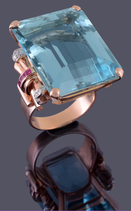 Aquamarine ring by New York jeweler Seaman Schepps, 1949. Estimate: £5,000-8,000 ($8,065-12,900). Dreweatts & Bloomsbury Auctions image